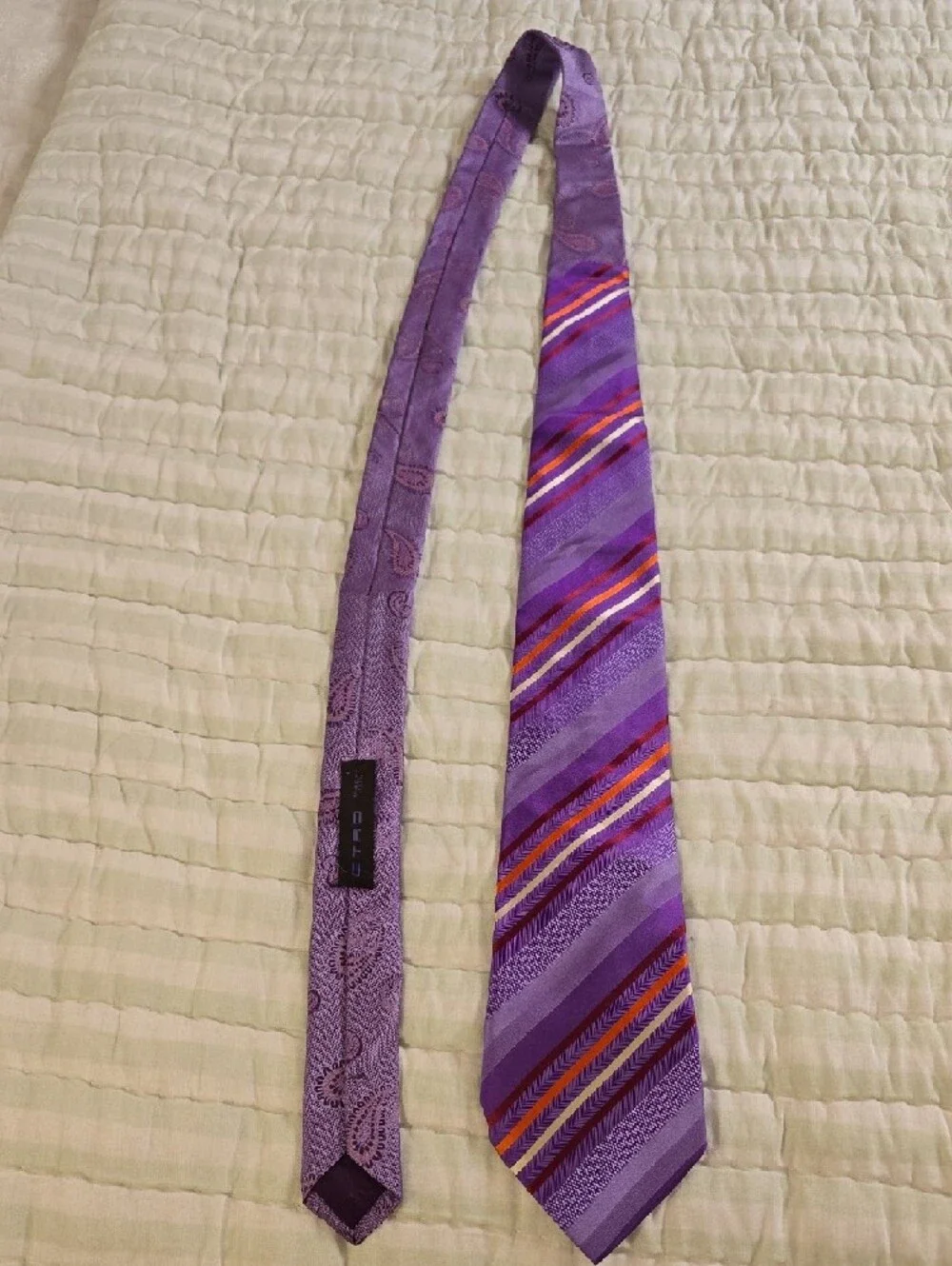 Etro Lavender Paisley and Stripe Silk Tie with Orange and Burgundy Accents NWOT